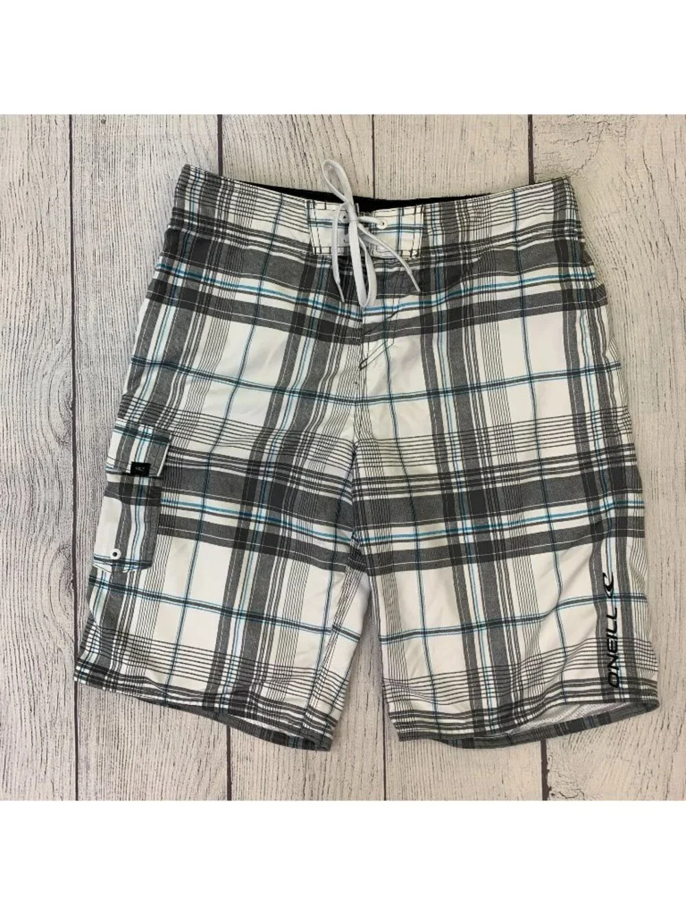 Men's O'Neill sz 31 Board Shorts Swim Trunks Plaid White Gray Blue
